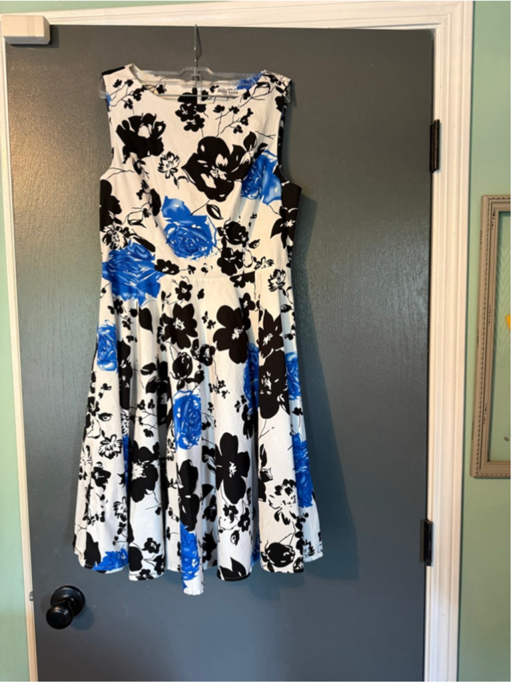 Women's GRACE KARIN White Black Blue Floral Sleeveless Dress L
